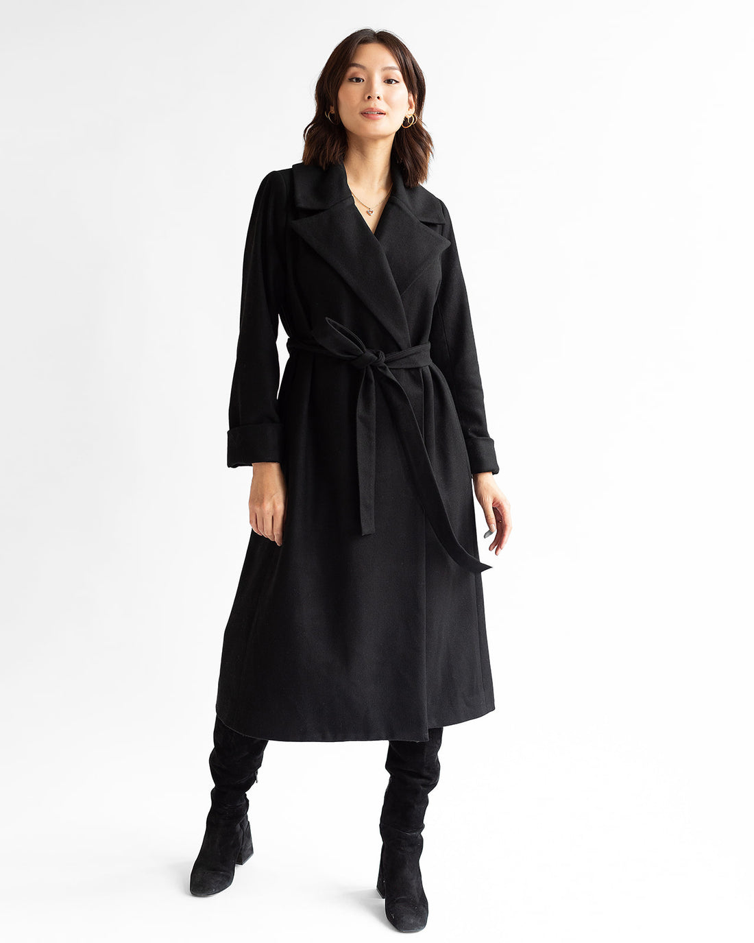 Long black belted wool coat best sale